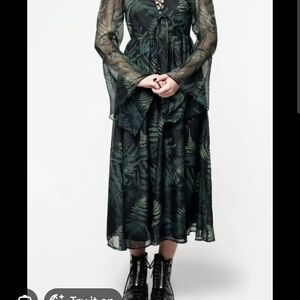 Disturbia Dark Green Fern-Print Midi Dress